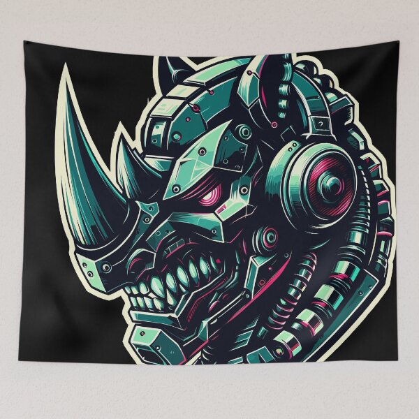 Item preview, Futuristic cybernetic rhino with neon accents and sharp metallic teeth designed and sold by DopeVibeStuff.