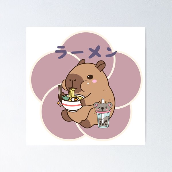 Item preview, capybara eating ramen drinking boba tea purple flower designed and sold by BatJamDesigns.