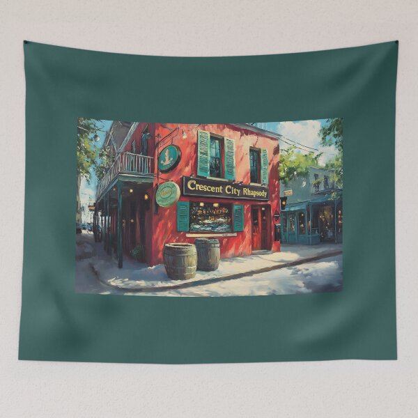 Item preview, New Orleans Charm - Red Building with Turquoise Shutters and Crescent City Rhapsody Bar, Abstract Digital AI Art designed and sold by OlfactoART Studio.