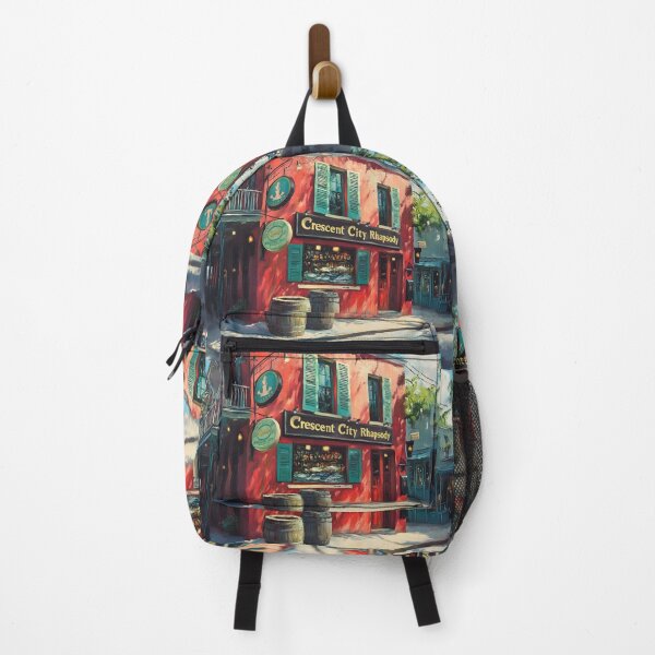 Item preview, New Orleans Charm - Red Building with Turquoise Shutters and Crescent City Rhapsody Bar, Abstract Digital AI Art designed and sold by OlfactoART Studio.