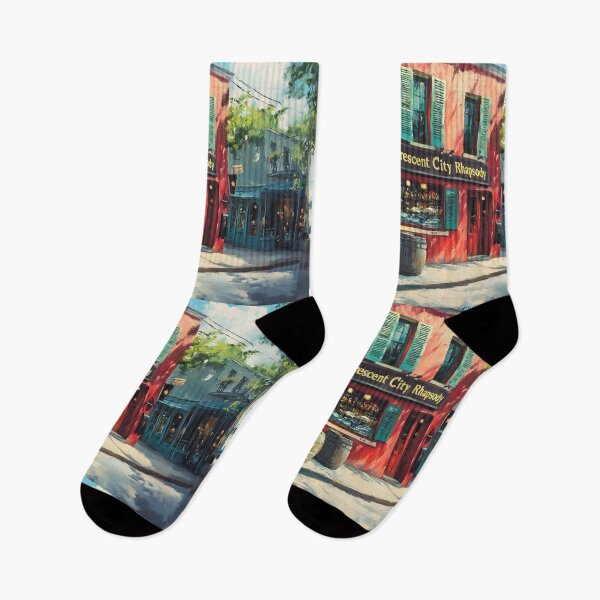 Item preview, New Orleans Charm - Red Building with Turquoise Shutters and Crescent City Rhapsody Bar, Abstract Digital AI Art designed and sold by OlfactoART Studio.