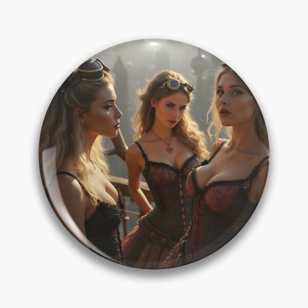 Item preview, Three steampunk women stand atop a smoke-choked Victorian city designed and sold by vividcrucibledesigns.