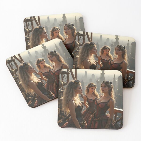 Item preview, Three steampunk women stand atop a smoke-choked Victorian city designed and sold by vividcrucibledesigns.