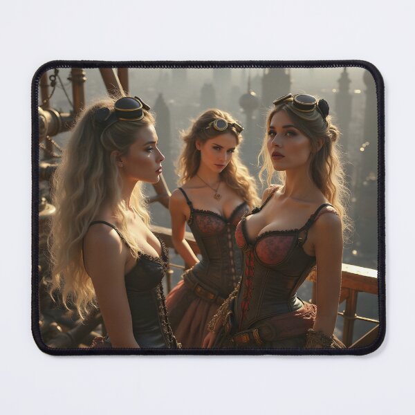 Item preview, Three steampunk women stand atop a smoke-choked Victorian city designed and sold by vividcrucibledesigns.