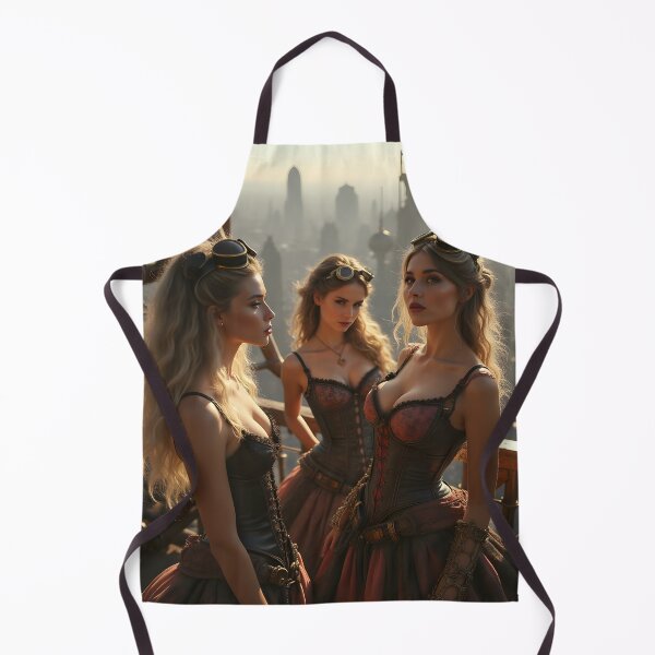 Item preview, Three steampunk women stand atop a smoke-choked Victorian city designed and sold by vividcrucibledesigns.