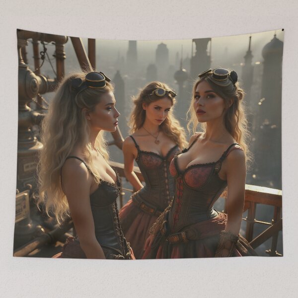 Item preview, Three steampunk women stand atop a smoke-choked Victorian city designed and sold by vividcrucibledesigns.