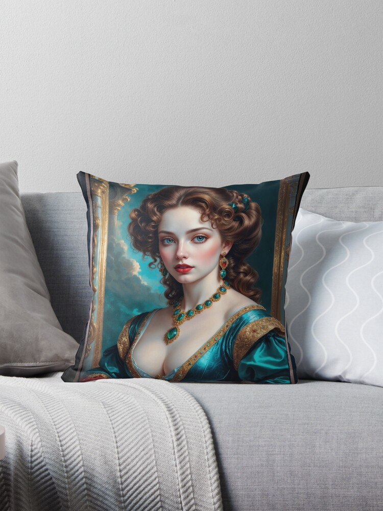 A Masterpiece Portrait of Rhelina Valois, A Baroque Beauty in Emerald and Gold, Gorgeous AI Concept Art by Xzendor7 Decorative Art Print Throw Pillow