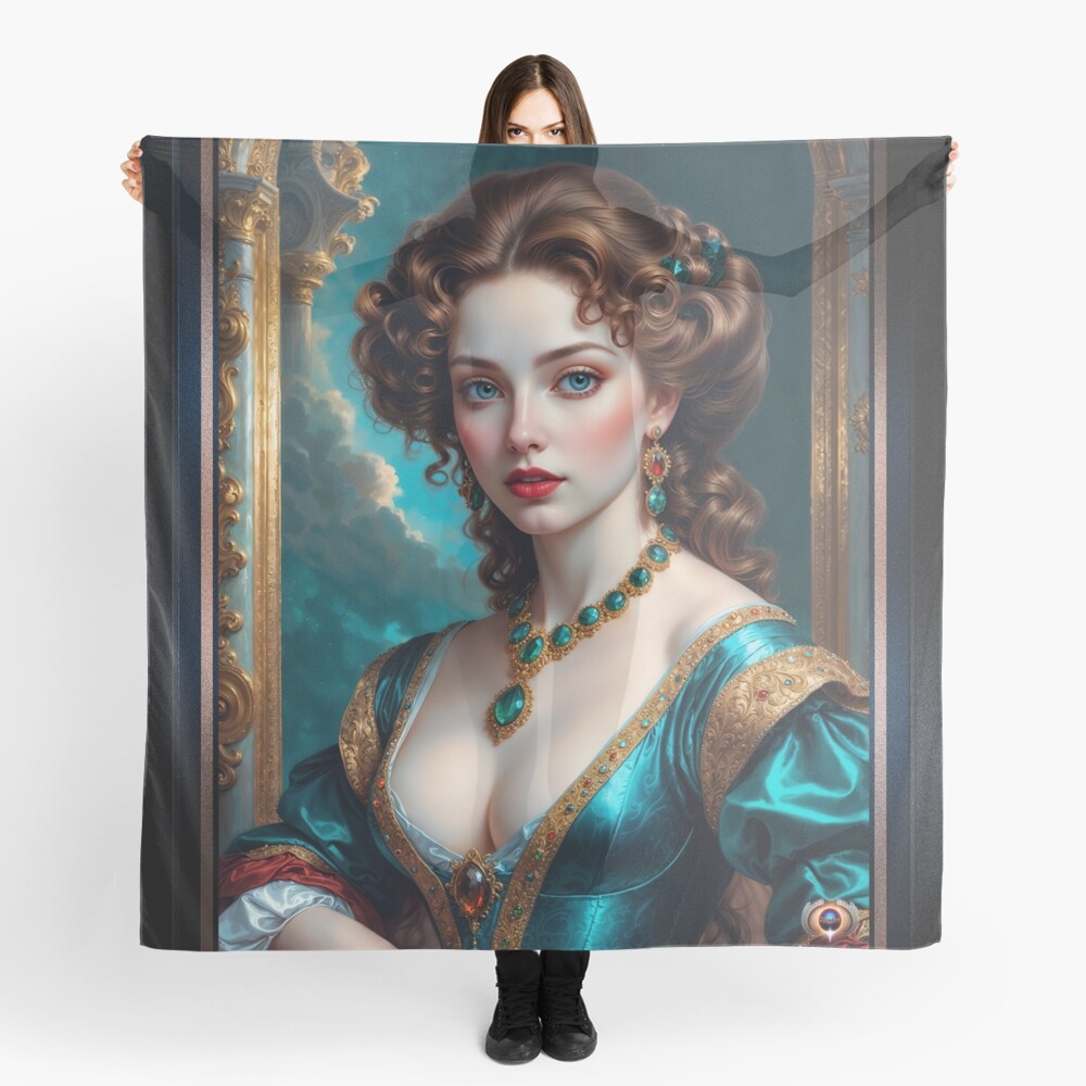 A Masterpiece Portrait of Rhelina Valois, A Baroque Beauty in Emerald and Gold, Gorgeous AI Concept Art by Xzendor7 Decorative Art Print Ladies Scarf