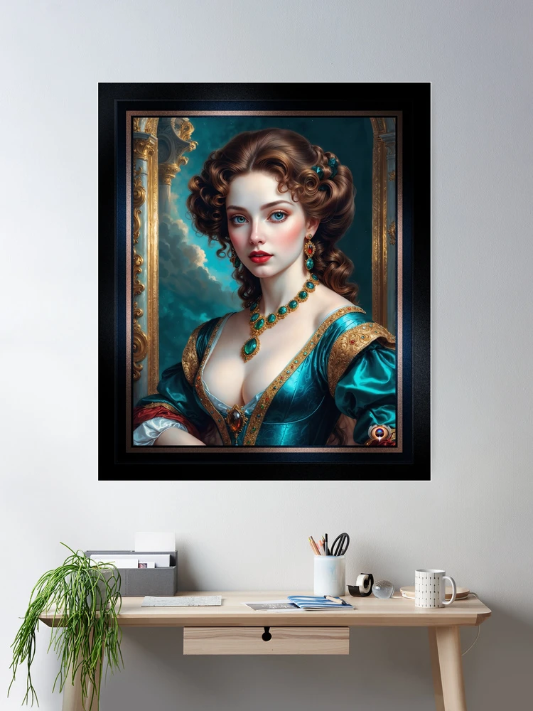 A Masterpiece Portrait of Rhelina Valois, A Baroque Beauty in Emerald and Gold, Gorgeous AI Concept Art by Xzendor7 Room Decor Poster Art Print