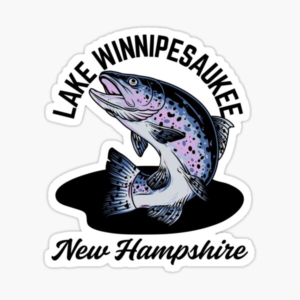 Vista previa del artículo con la obra «Trucha de lago de New Hampshire en estilo vintage del lago Winnipesaukee (texto negro)», diseñado y vendido por TimelessLocales.