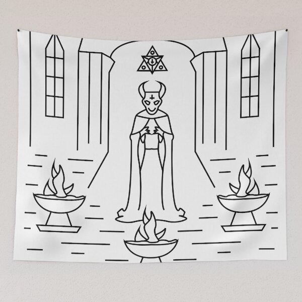 Item preview, A line art scene with horned figure, altars, and gothic architecture designed and sold by estebansequeira.