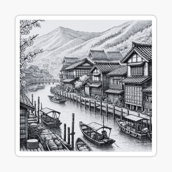 Nostalgic Serenity: Monochrome Chinese Village Art Sticker