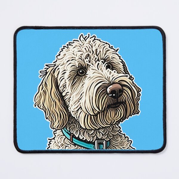 Item preview, Hopeful Looking White Labradoodle Wearing a Blue Collar designed and sold by PoodleDoodles4U.