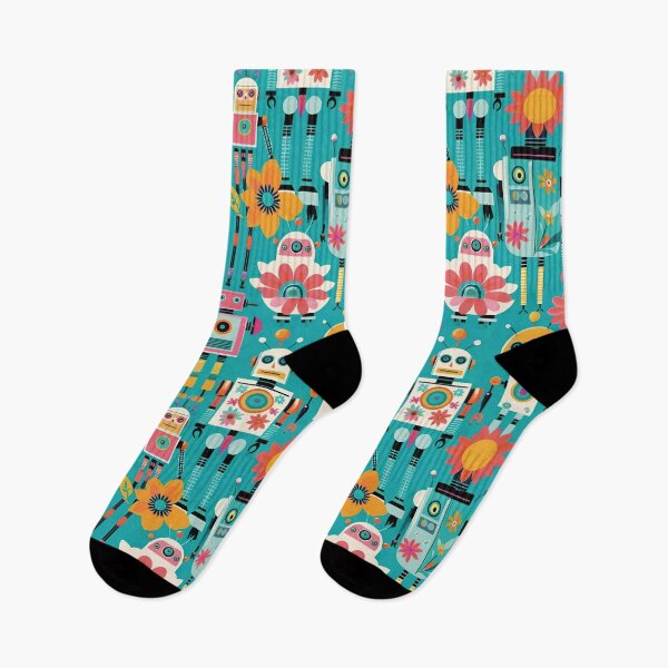 Item preview, Cute Retro Pastel Sci-Fi Robots And Flowers With Teal Background designed and sold by CarrollGene.