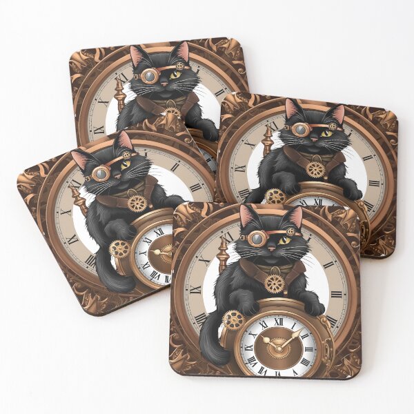Item preview, Steampunk Black Cat with Vintage Clock and Gear Aesthetic Feline Art designed and sold by ChenEngEng.