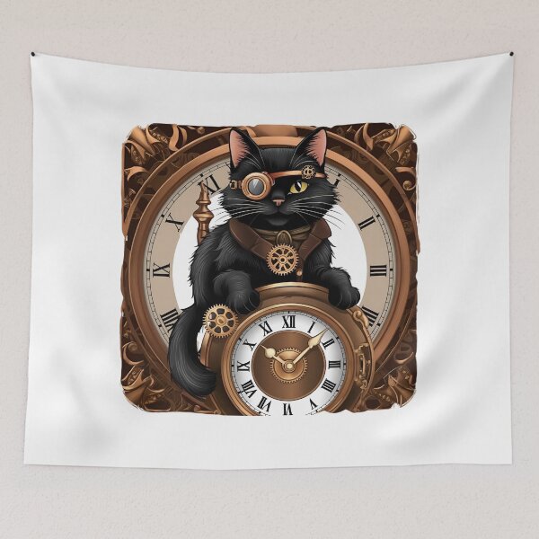Item preview, Steampunk Black Cat with Vintage Clock and Gear Aesthetic Feline Art designed and sold by ChenEngEng.