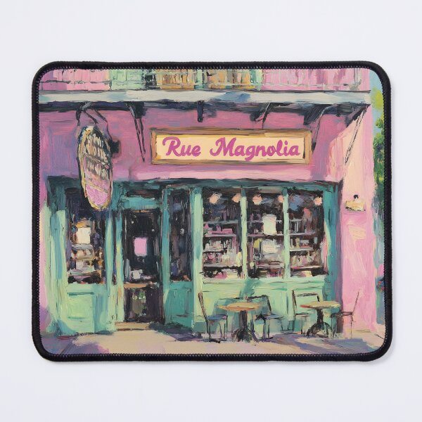 Item preview, Rue Magnolia - A Quaint Café in New Orleans with Pink and Teal Charm Abstract Digital AI Generated Art designed and sold by OlfactoART Studio.
