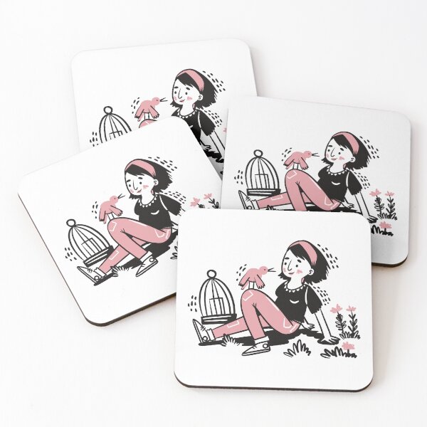 Item preview, Girl in pink with an open birdcage and bird on her knee designed and sold by jasmineberry.