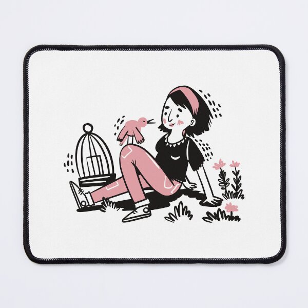 Item preview, Girl in pink with an open birdcage and bird on her knee designed and sold by jasmineberry.