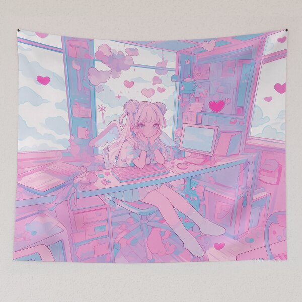Item preview, Dreamy Pastel Anime Girl in a Whimsical Office designed and sold by Kawai Anime Shop.