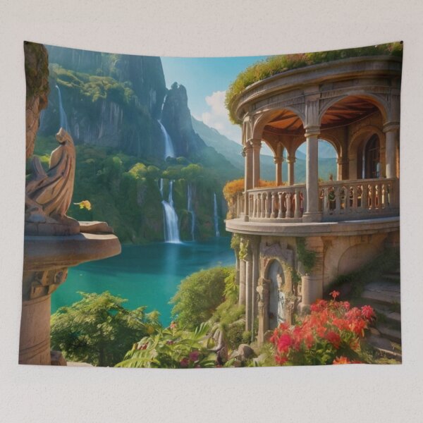 Item preview, Enchanted Balcony of the Sacred Palace above a Flowing Waterfall designed and sold by BlareBlare.