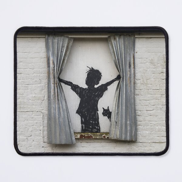 Item preview, Banksy – Morning Is Broken (Boy, Cat & Sheet Metal Curtains) designed and sold by So Sorted Design.