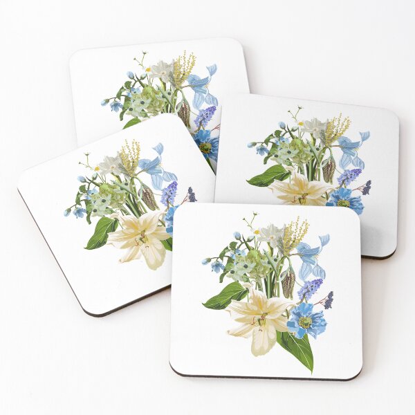 Item preview, Yellow, mimosa, lily, blue garden flowers, eucalyptus, greenery hand drown design.  designed and sold by MatyKotiv.