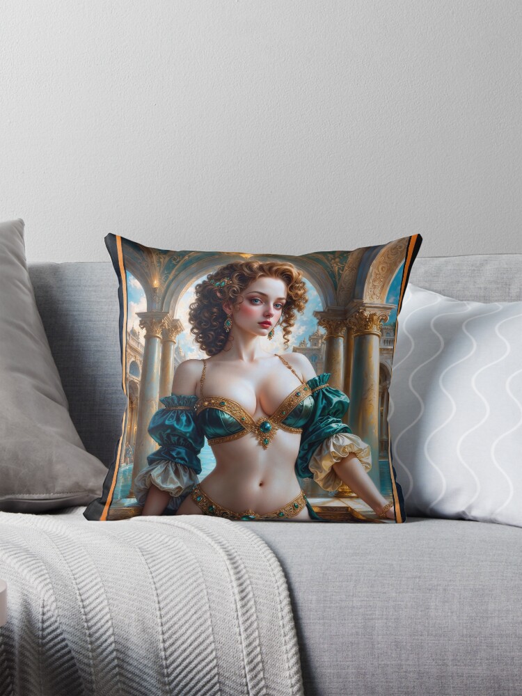 Embracing Aldora Veldt Timeless Beauty In An Grand And Opulent Golden Era Stunning AI Concept Art by Xzendor7 Decorative Art Print Throw Pillow