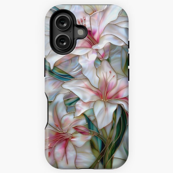 Vista previa del artículo con la obra «Bonita y femenina vidriera de lirios blancos y rosados.», diseñado y vendido por happywkndclub.