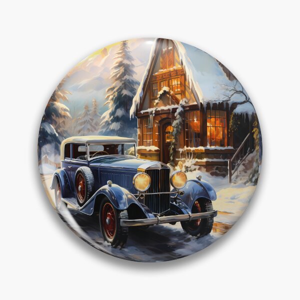 Item preview, Vintage Luxury Car Meets Cozy Cabin In Snowy Mountain Scene designed and sold by RevUpDesign.
