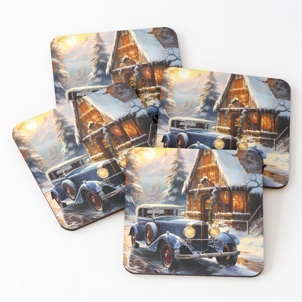 Item preview, Vintage Luxury Car Meets Cozy Cabin In Snowy Mountain Scene designed and sold by RevUpDesign.