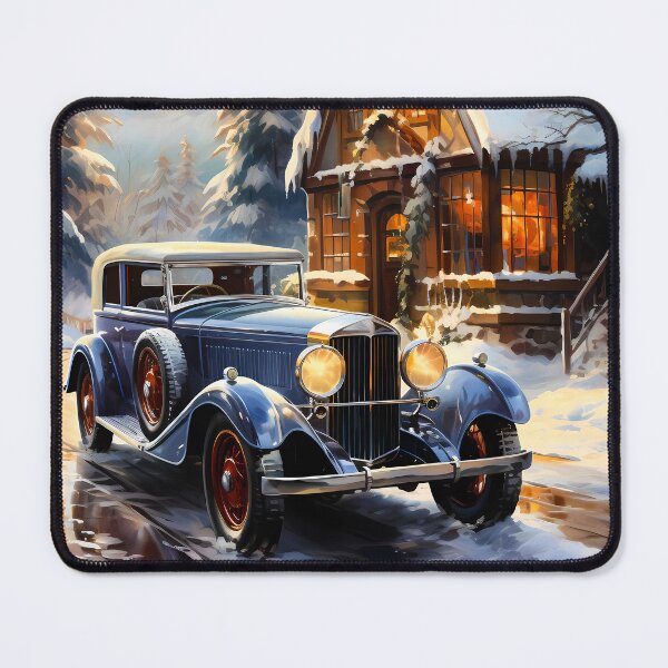 Item preview, Vintage Luxury Car Meets Cozy Cabin In Snowy Mountain Scene designed and sold by RevUpDesign.