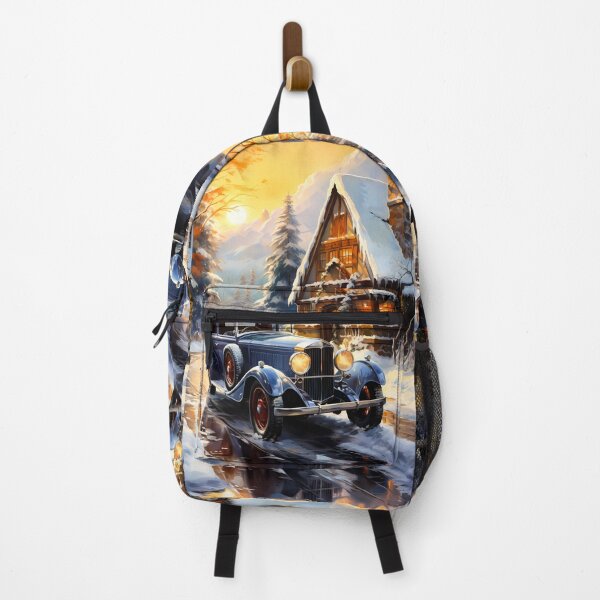 Item preview, Vintage Luxury Car Meets Cozy Cabin In Snowy Mountain Scene designed and sold by RevUpDesign.
