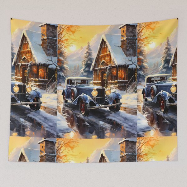 Item preview, Vintage Luxury Car Meets Cozy Cabin In Snowy Mountain Scene designed and sold by RevUpDesign.