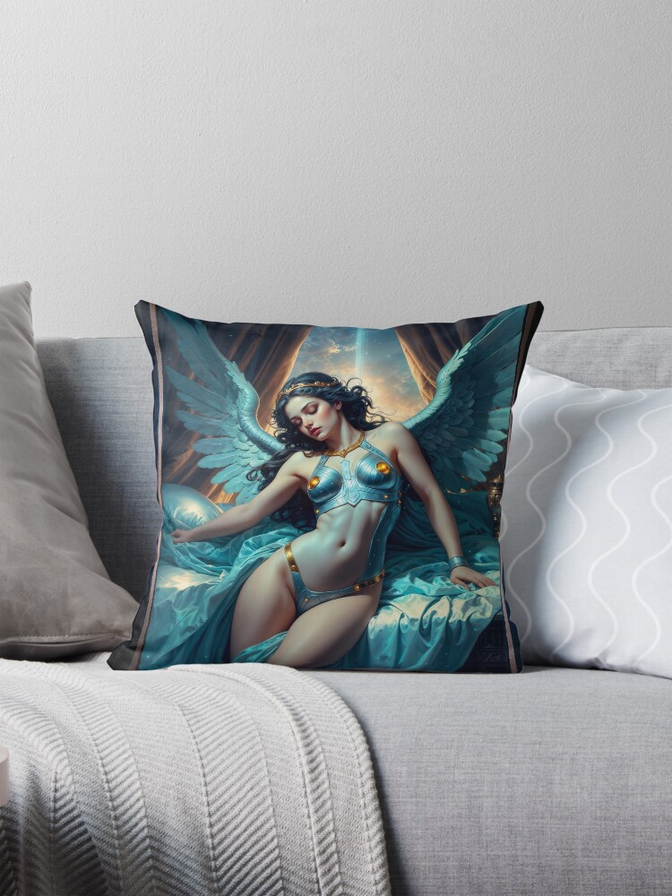 The Celestial Winged Goddess Livia Vestora In Divine Repose Enchanting AI Concept Art by Xzendor7 Decorative Art Print Throw Pillow
