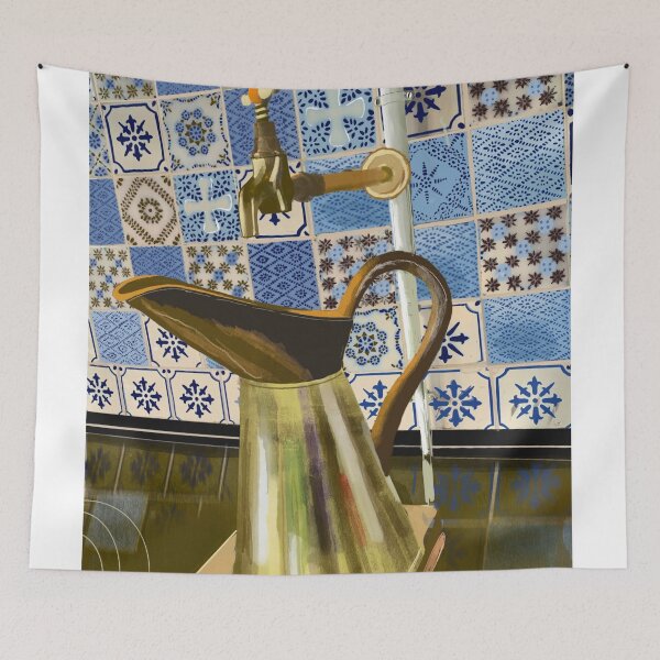Item preview, Reflective golden jug and blue tiles in Monet’s kitchen designed and sold by mazarte.