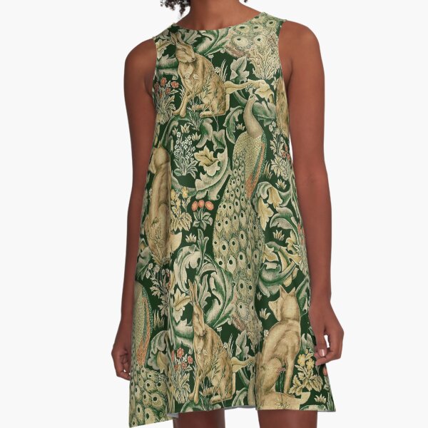 GREEN FOREST ANIMALS ,PEACOCKS, FOX AND HARE A-Line Dress