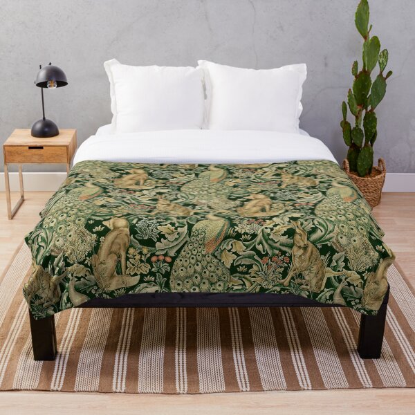 GREEN FOREST ANIMALS ,PEACOCKS, FOX AND HARE Throw Blanket