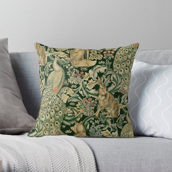 GREEN FOREST ANIMALS ,PEACOCKS, FOX AND HARE Throw Pillow