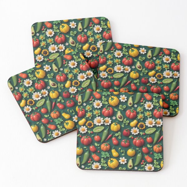 Item preview, Salsa Tomatoes Peppers Avocados And Flowers In Yarn On Deep Forest Green designed and sold by CarrollGene.