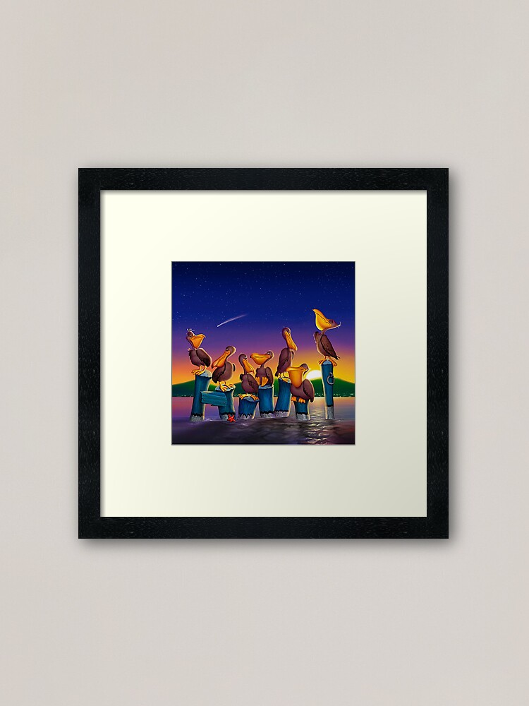 Alternate view of Pelican Sunset Whimsical Cartoon Tropical birds Seascape Framed Art Print