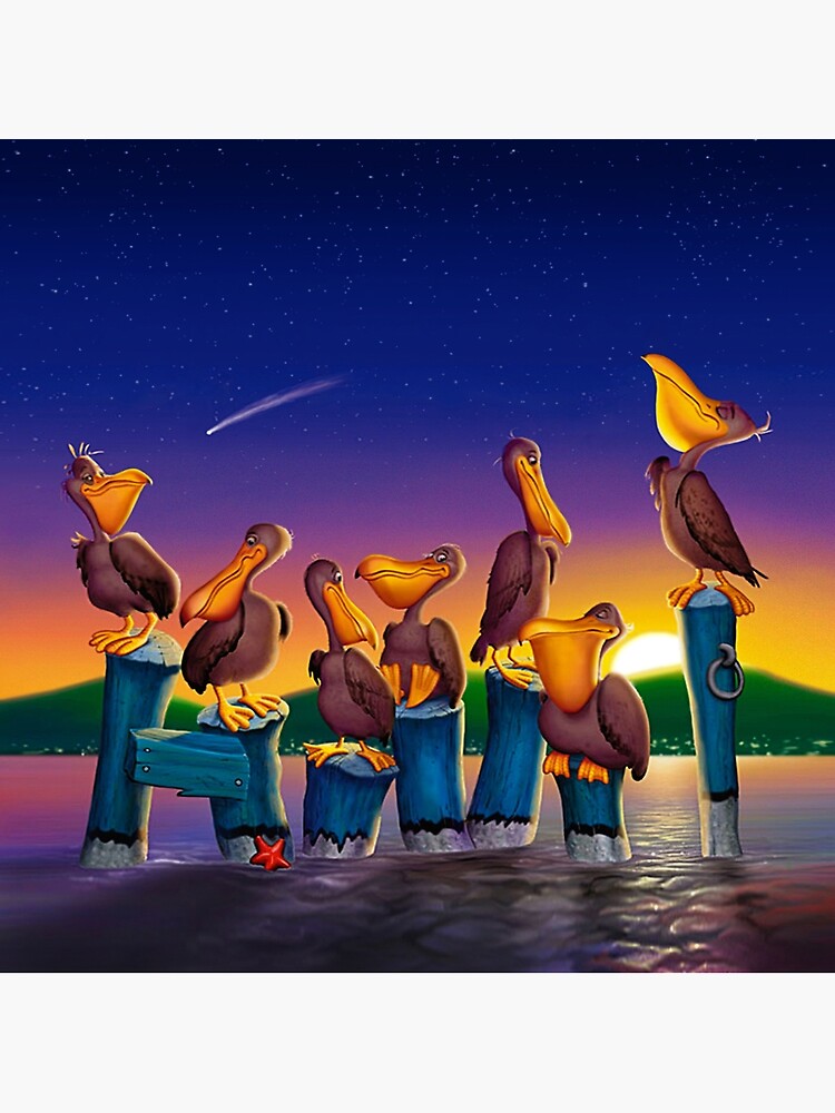Pelican Sunset Whimsical Cartoon Tropical birds Seascape by waltcurlee