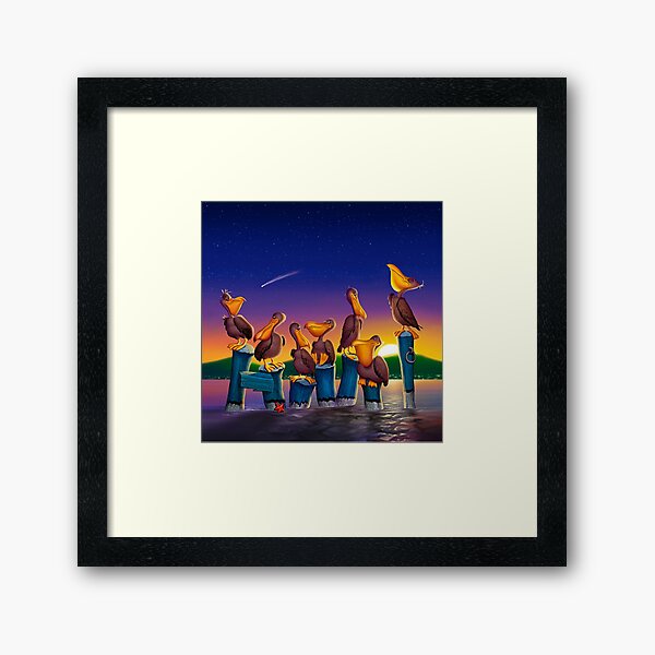 Pelican Sunset Whimsical Cartoon Tropical birds Seascape Framed Art Print