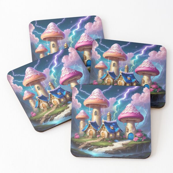 Item preview,  Lightning Strikes, Near Blue Tan Tiny Houses, And Pinkish Mushroom Towers designed and sold by Melantari Vizuns.