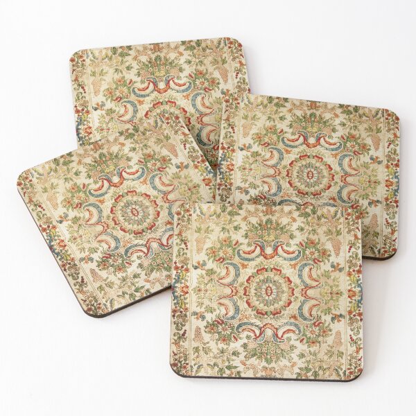 Antique French Aubusson Silk Rug Print Coasters (Set of 4)
