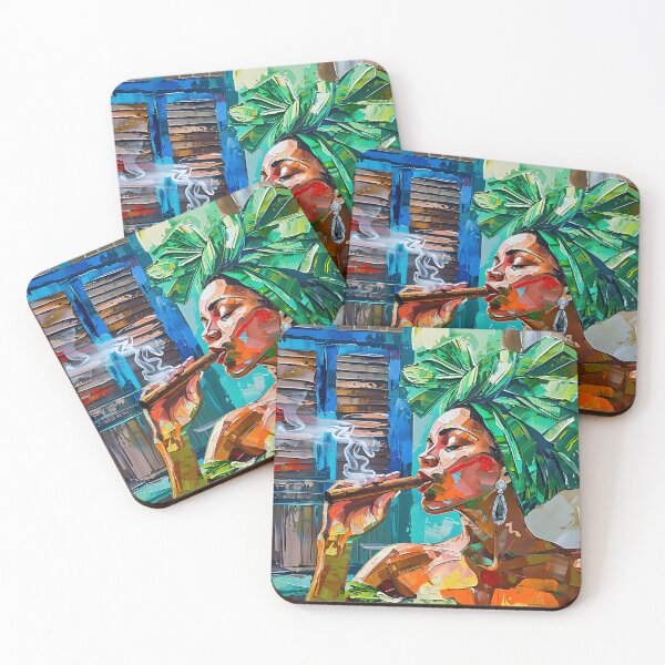 Item preview, Confident Soul - Cuban Woman in Vibrant Green Headwrap Enjoying a Cigar Against Urban Backdrop designed and sold by OlfactoART Studio.