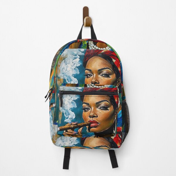 Item preview, Timeless Confidence - Woman in Red Headwrap and Blue Attire Smoking a Cigar with Swirling Smoke designed and sold by OlfactoART Studio.