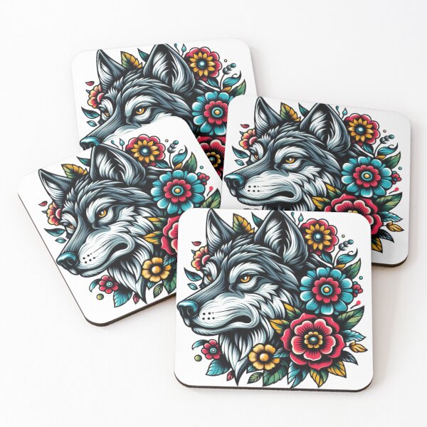 Item preview, Tattoo Style Wolf and Flowers designed and sold by EmzMc123.