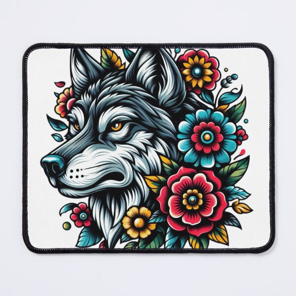Item preview, Tattoo Style Wolf and Flowers designed and sold by EmzMc123.