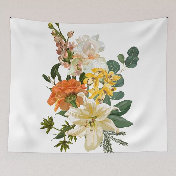 Item preview, Yellow, orange flowers, lily, iris, fall garden flowers, eucalyptus, greenery vector design. designed and sold by MatyKotiv.